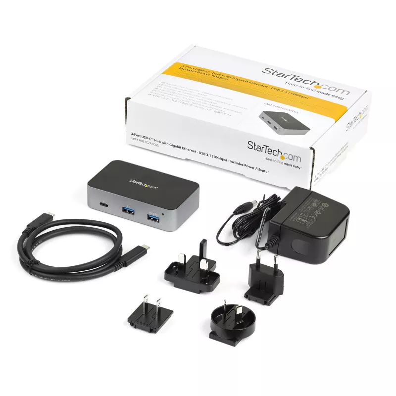 StarTech.com HB31C2A1CGS 3 prievadų USB-C šakotuvas su Gigabit Ethernet jungtimi, USB 3.1 Gen 2 10 Gbps, 2x USB-A + 1x USB-C, 1 m kabelis į kompiuterį, su maitinimo šaltiniu