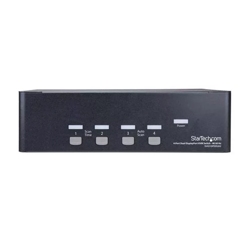 StarTech.com 4 prievadų dvigubas DisplayPort KVM jungiklis - 4K 60Hz, 3840 x 2160 pikseliai, 4K Ultra HD, montavimas į stelažą, 18 W, 2U, juodas
