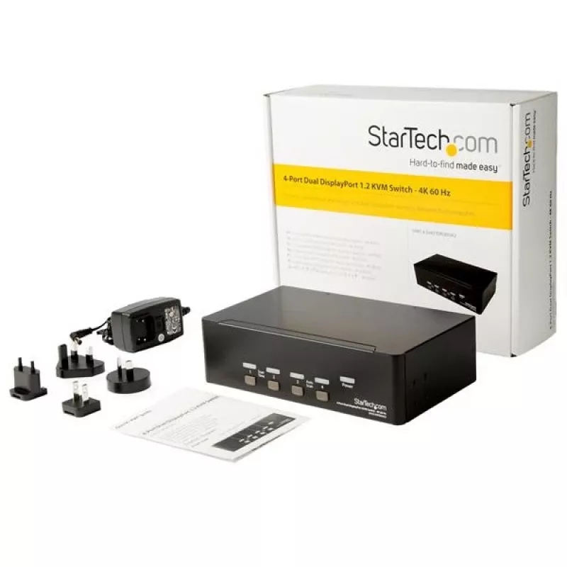 StarTech.com 4 prievadų dvigubas DisplayPort KVM jungiklis - 4K 60Hz, 3840 x 2160 pikseliai, 4K Ultra HD, montavimas į stelažą, 18 W, 2U, juodas