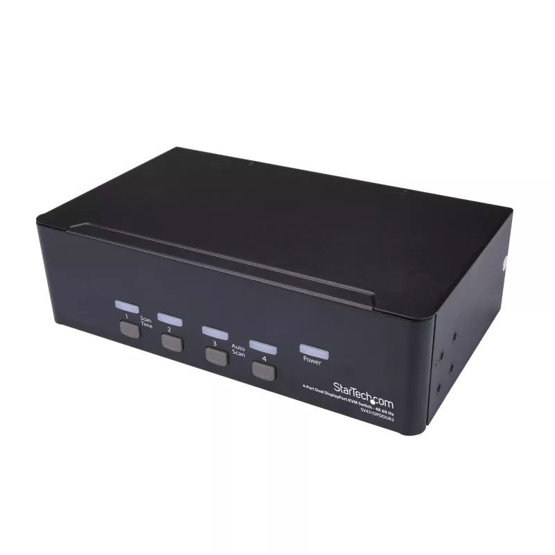 StarTech.com 4 prievadų dvigubas DisplayPort KVM jungiklis - 4K 60Hz, 3840 x 2160 pikseliai, 4K Ultra HD, montavimas į stelažą, 18 W, 2U, juodas