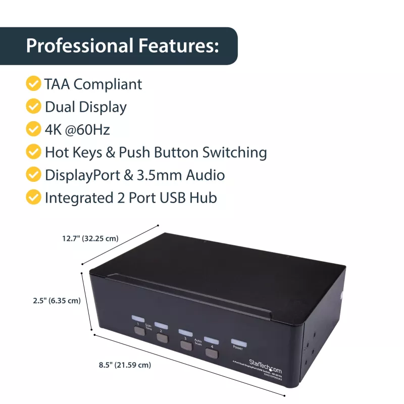 StarTech.com 4 prievadų dvigubas DisplayPort KVM jungiklis - 4K 60Hz, 3840 x 2160 pikseliai, 4K Ultra HD, montavimas į stelažą, 18 W, 2U, juodas