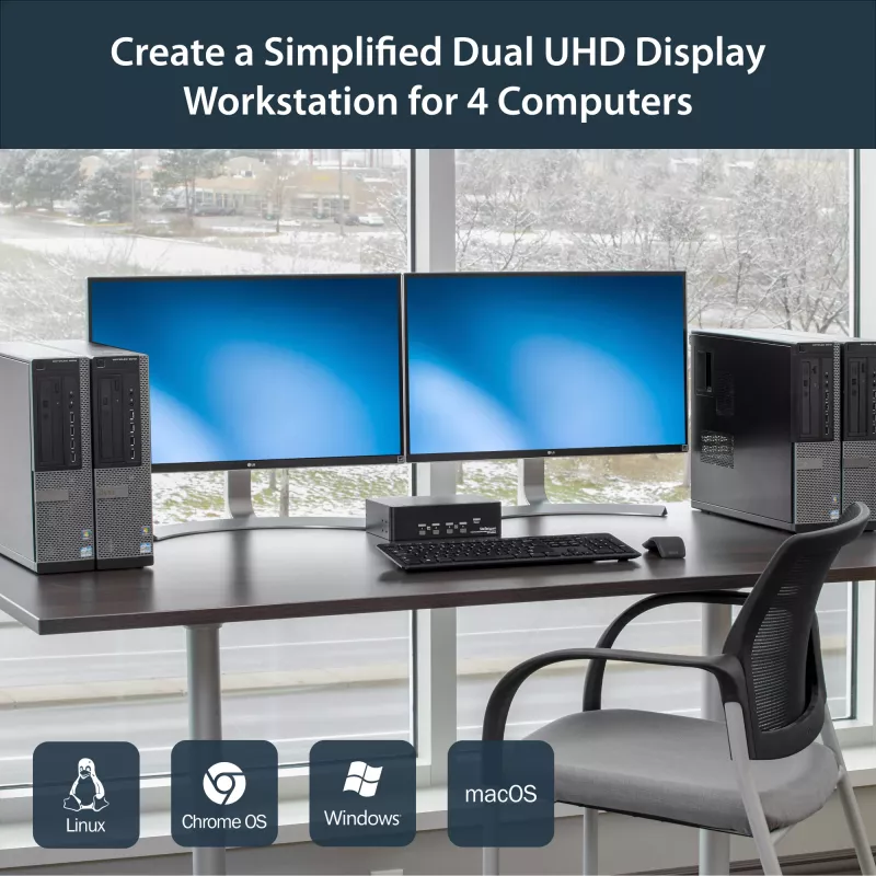 StarTech.com 4 prievadų dvigubas DisplayPort KVM jungiklis - 4K 60Hz, 3840 x 2160 pikseliai, 4K Ultra HD, montavimas į stelažą, 18 W, 2U, juodas