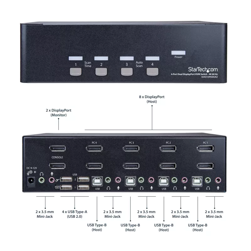 StarTech.com 4 prievadų dvigubas DisplayPort KVM jungiklis - 4K 60Hz, 3840 x 2160 pikseliai, 4K Ultra HD, montavimas į stelažą, 18 W, 2U, juodas