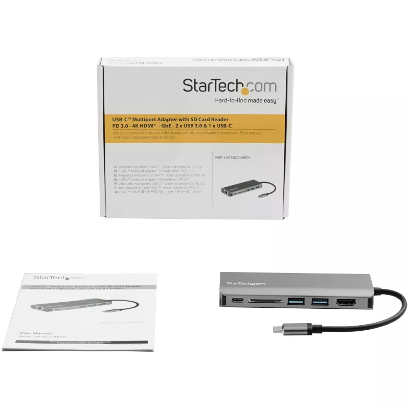 StarTech.com USB-C kelių prievadų adapteris - USB-C kelioninis dokas į 4K HDMI, 3x USB 3.0 šakotuvas, SD/SDHC, GbE, 60W PD 3.0 praėjimas - USB Type-C/Thunderbolt 3