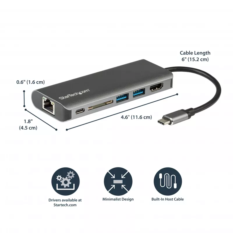 StarTech.com USB-C kelių prievadų adapteris - USB-C kelioninis dokas į 4K HDMI, 3x USB 3.0 šakotuvas, SD/SDHC, GbE, 60W PD 3.0 praėjimas - USB Type-C/Thunderbolt 3