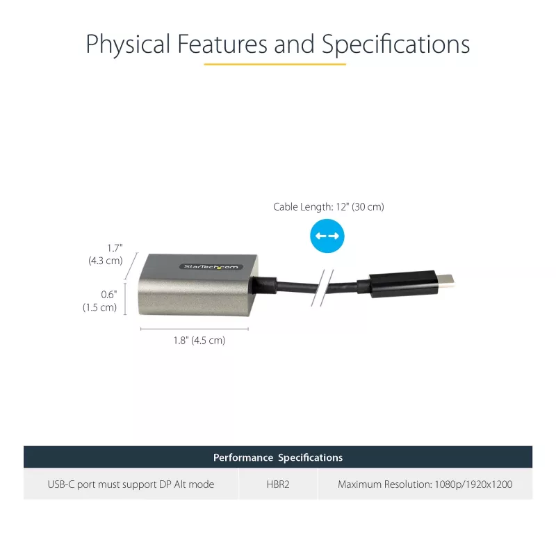 StarTech.com USB-C į VGA adapteris - 1080p USB Type-C į VGA adapteris - USB-C (DP Alt Mode) į VGA monitoriaus/ekrano vaizdo keitiklis - suderinamas su Thunderbolt 3 - 30 cm ilgio kabelis