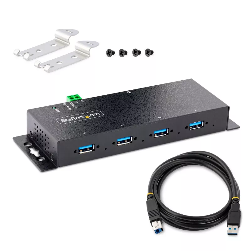 StarTech.com 4 prievadų pramoninis USB 3.0 5Gbps šakotuvas, tvirtas USB šakotuvas su ESD apsauga, DIN/sieninis/stalinis montavimas USB-A šakotuvas, USB plėtiklis su fiksuojamais prievadais, sunkiasvoris - TAA