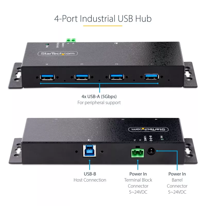 StarTech.com 4 prievadų pramoninis USB 3.0 5Gbps šakotuvas, tvirtas USB šakotuvas su ESD apsauga, DIN/sieninis/stalinis montavimas USB-A šakotuvas, USB plėtiklis su fiksuojamais prievadais, sunkiasvoris - TAA