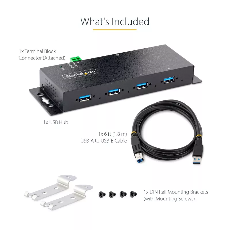StarTech.com 4 prievadų pramoninis USB 3.0 5Gbps šakotuvas, tvirtas USB šakotuvas su ESD apsauga, DIN/sieninis/stalinis montavimas USB-A šakotuvas, USB plėtiklis su fiksuojamais prievadais, sunkiasvoris - TAA