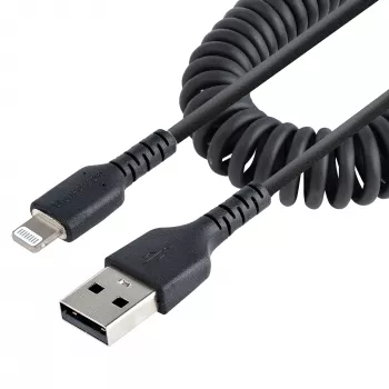 StarTech.com 50 cm USB į Lightning laidas, MFi sertifikuotas, spiralinis iPhone įkrovimo laidas, juodas, patvari TPE striukė, aramido pluoštas