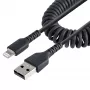 StarTech.com 50 cm USB į Lightning laidas, MFi sertifikuotas, spiralinis iPhone įkrovimo laidas, juodas, patvari TPE striukė, aramido pluoštas