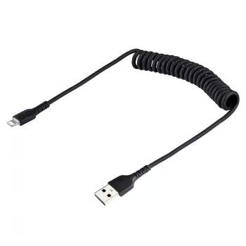 StarTech.com 50 cm USB į Lightning laidas, MFi sertifikuotas, spiralinis iPhone įkrovimo laidas, juodas, patvari TPE striukė, aramido pluoštas