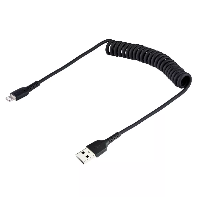 StarTech.com 50 cm USB į Lightning laidas, MFi sertifikuotas, spiralinis iPhone įkrovimo laidas, juodas, patvari TPE striukė, aramido pluoštas