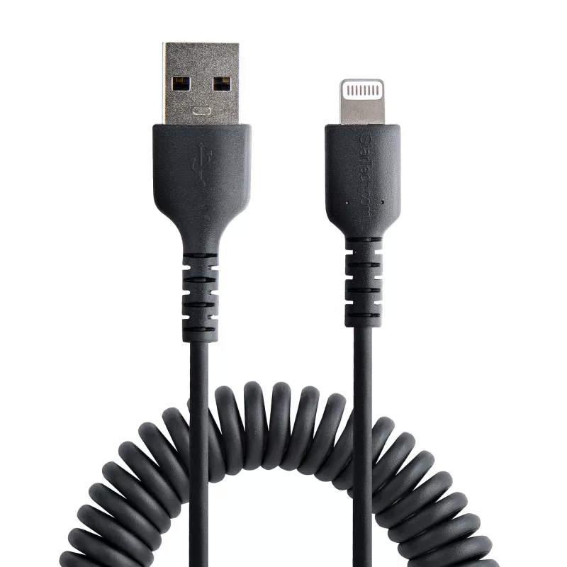 StarTech.com 50 cm USB į Lightning laidas, MFi sertifikuotas, spiralinis iPhone įkrovimo laidas, juodas, patvari TPE striukė, aramido pluoštas