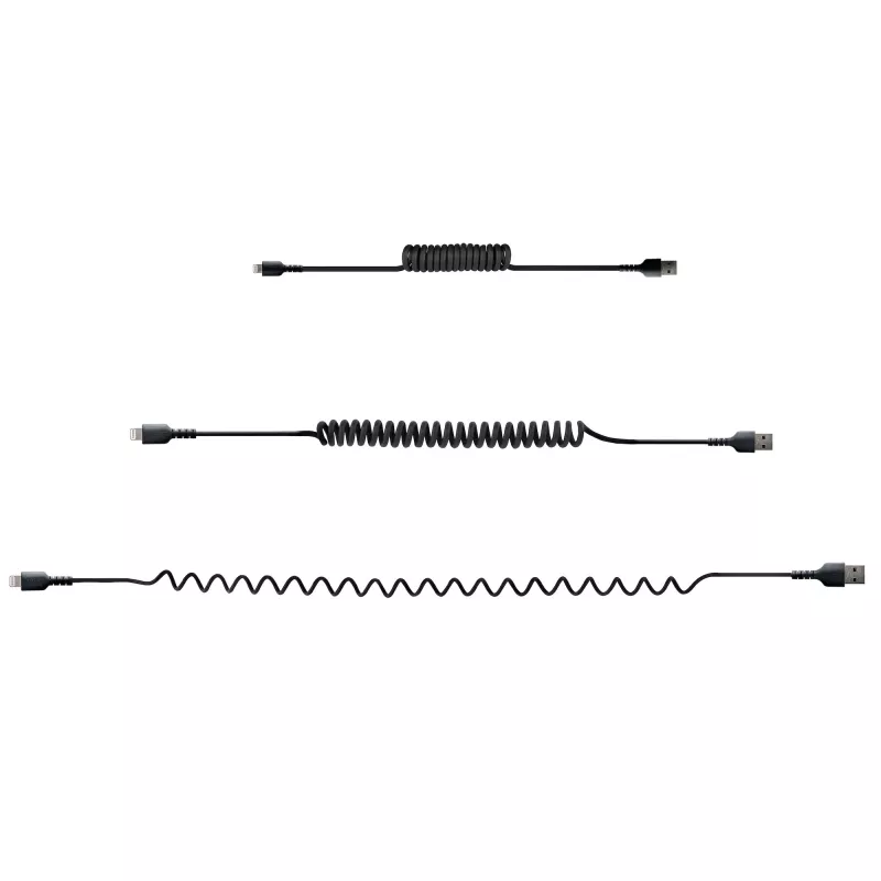 StarTech.com 50 cm USB į Lightning laidas, MFi sertifikuotas, spiralinis iPhone įkrovimo laidas, juodas, patvari TPE striukė, aramido pluoštas