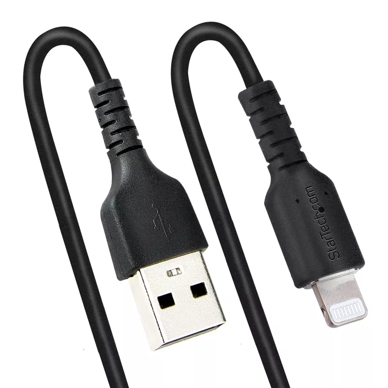 StarTech.com 50 cm USB į Lightning laidas, MFi sertifikuotas, spiralinis iPhone įkrovimo laidas, juodas, patvari TPE striukė, aramido pluoštas