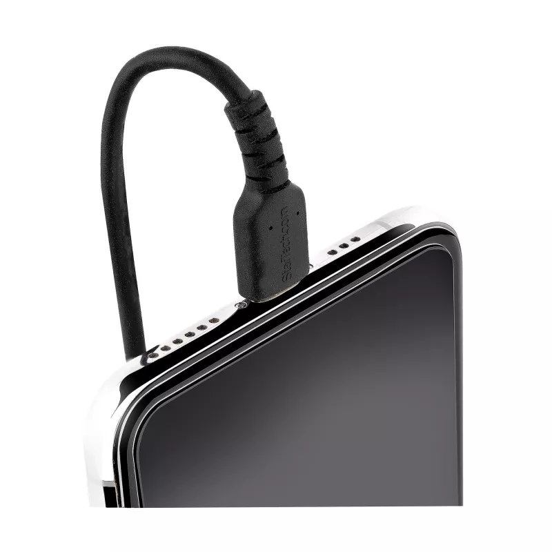StarTech.com 50 cm USB į Lightning laidas, MFi sertifikuotas, spiralinis iPhone įkrovimo laidas, juodas, patvari TPE striukė, aramido pluoštas