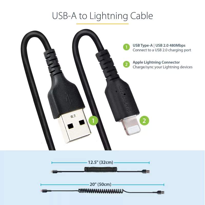 StarTech.com 50 cm USB į Lightning laidas, MFi sertifikuotas, spiralinis iPhone įkrovimo laidas, juodas, patvari TPE striukė, aramido pluoštas