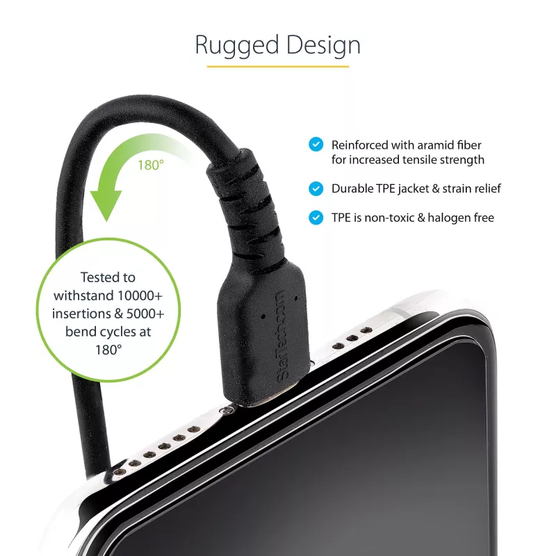 StarTech.com 50 cm USB į Lightning laidas, MFi sertifikuotas, spiralinis iPhone įkrovimo laidas, juodas, patvari TPE striukė, aramido pluoštas