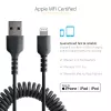 StarTech.com 50 cm USB į Lightning laidas, MFi sertifikuotas, spiralinis iPhone įkrovimo laidas, juodas, patvari TPE striukė, aramido pluoštas