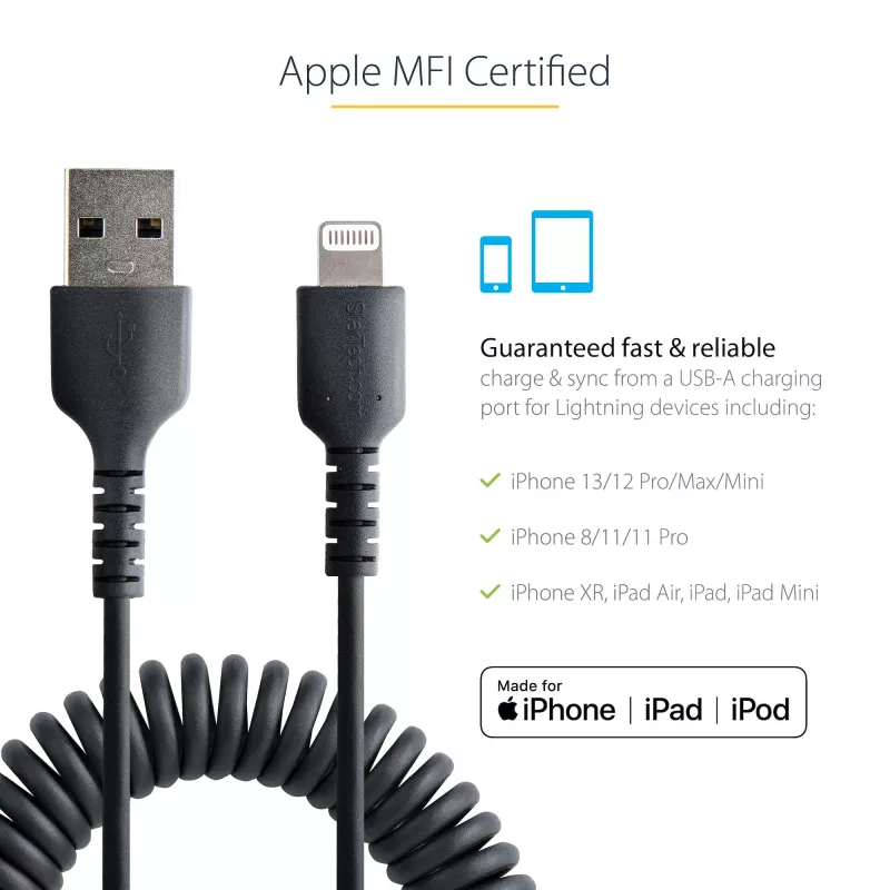 StarTech.com 50 cm USB į Lightning laidas, MFi sertifikuotas, spiralinis iPhone įkrovimo laidas, juodas, patvari TPE striukė, aramido pluoštas