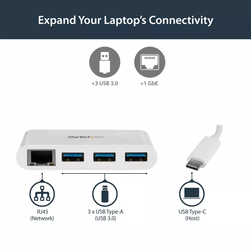 StarTech.com 3 prievadų USB-C centras su Gigabit Ethernet - USB-C į 3x USB-A - USB 3.0 centras - Baltas