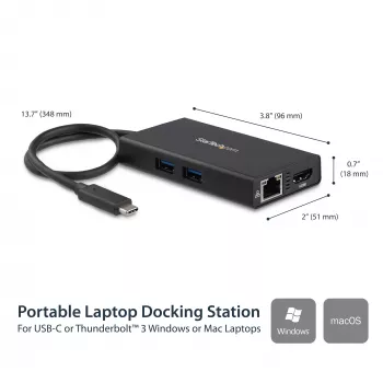 StarTech.com USB-C kelių prievadų adapteris – USB-C kelioninė dokavimo stotelė su 4K HDMI, 60 W galios perdavimu, GbE, 2 prievadų USB-A 3.0 šakotuvu – nešiojamas mini USB-C dokas nešiojamam kompiuteriui