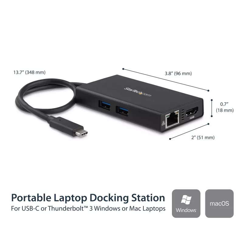 StarTech.com USB-C kelių prievadų adapteris – USB-C kelioninė dokavimo stotelė su 4K HDMI, 60 W galios perdavimu, GbE, 2 prievadų USB-A 3.0 šakotuvu – nešiojamas mini USB-C dokas nešiojamam kompiuteriui