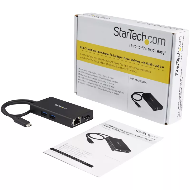 StarTech.com USB-C kelių prievadų adapteris – USB-C kelioninė dokavimo stotelė su 4K HDMI, 60 W galios perdavimu, GbE, 2 prievadų USB-A 3.0 šakotuvu – nešiojamas mini USB-C dokas nešiojamam kompiuteriui