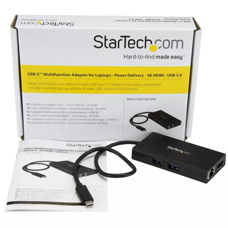 StarTech.com USB-C kelių prievadų adapteris – USB-C kelioninė dokavimo stotelė su 4K HDMI, 60 W galios perdavimu, GbE, 2 prievadų USB-A 3.0 šakotuvu – nešiojamas mini USB-C dokas nešiojamam kompiuteriui