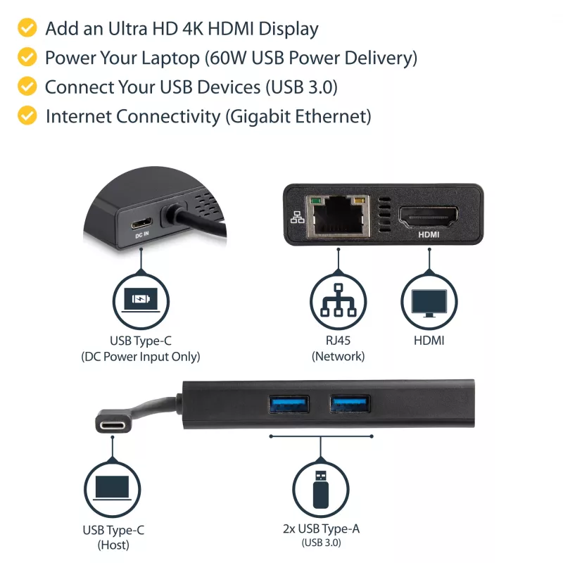 StarTech.com USB-C kelių prievadų adapteris – USB-C kelioninė dokavimo stotelė su 4K HDMI, 60 W galios perdavimu, GbE, 2 prievadų USB-A 3.0 šakotuvu – nešiojamas mini USB-C dokas nešiojamam kompiuteriui