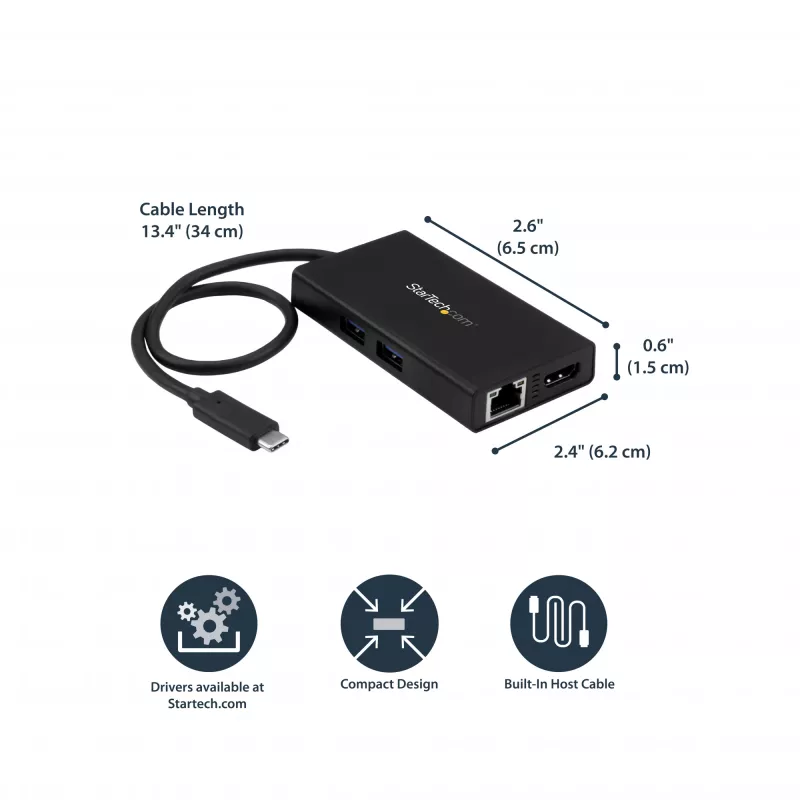StarTech.com USB-C kelių prievadų adapteris – USB-C kelioninė dokavimo stotelė su 4K HDMI, 60 W galios perdavimu, GbE, 2 prievadų USB-A 3.0 šakotuvu – nešiojamas mini USB-C dokas nešiojamam kompiuteriui