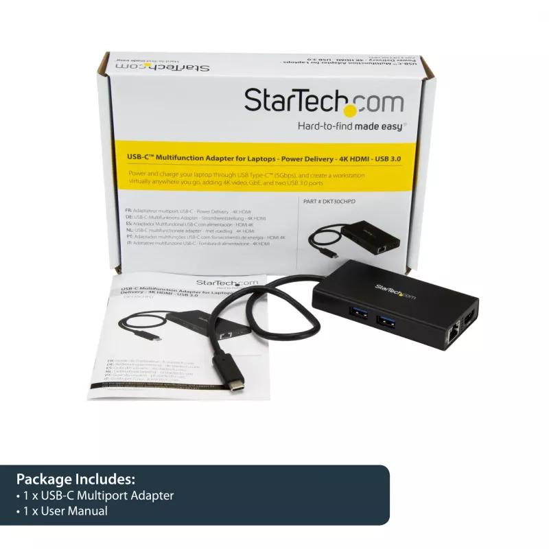 StarTech.com USB-C kelių prievadų adapteris – USB-C kelioninė dokavimo stotelė su 4K HDMI, 60 W galios perdavimu, GbE, 2 prievadų USB-A 3.0 šakotuvu – nešiojamas mini USB-C dokas nešiojamam kompiuteriui