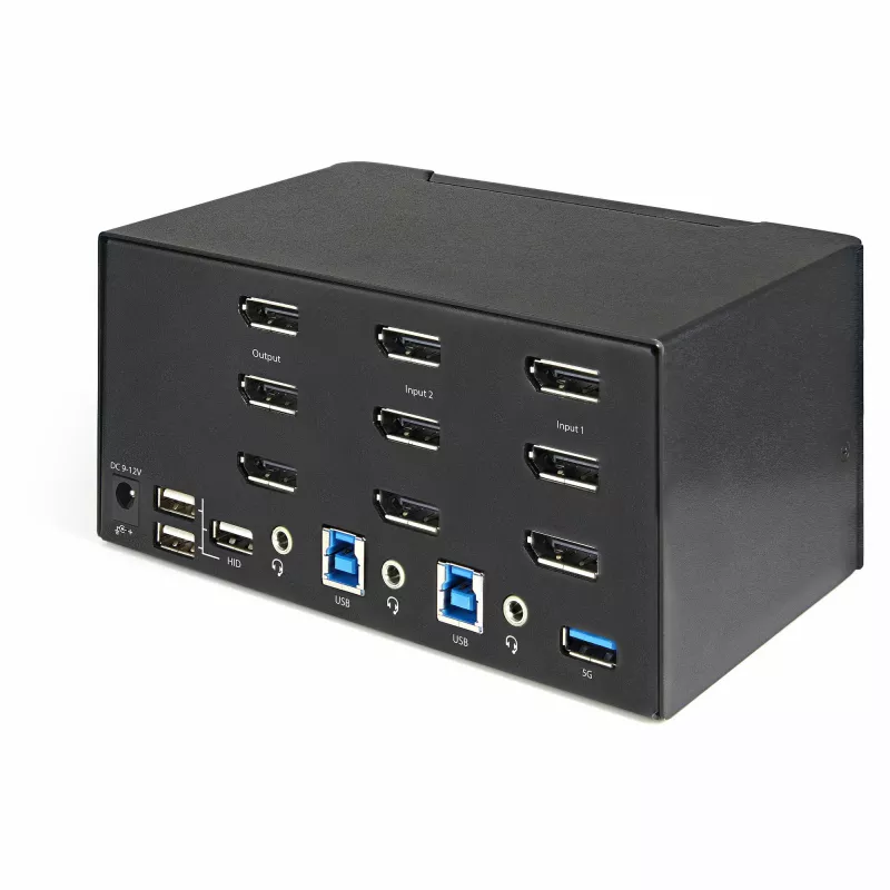StarTech.com 2 prievadų 3 monitorių DisplayPort KVM jungiklis – 4K 60Hz UHD HDR – darbalaukio DP 1.2 KVM su 2 prievadų USB 3.0 šakotuvu (5Gbps) ir 4x USB 2.0 HID prievadais, garsu, sparčiųjų klavišų perjungimu – TAA