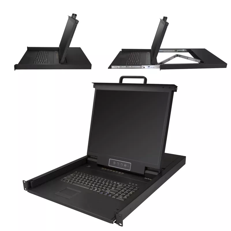 „StarTech.com“ 8 prievadų stovo KVM konsolė su 6 pėdų kabeliais – integruotas KVM jungiklis su 19 colių LCD monitoriumi – pilnai įrengtas 1U LCD KVM stalčius – OSD KVM – patvarus 50 000 MTBF – USB + VGA palaikymas