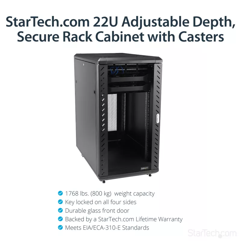StarTech.com 4-Post 22U Server Rack Cabinet, užrakinama 19 colių duomenų spinta kompiuteriams / AV / IT įrangai, biuro / namų tinklo stovas su ratukais ir reguliuojamais montavimo bėgeliais