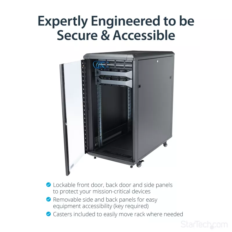 StarTech.com 4-Post 22U Server Rack Cabinet, užrakinama 19 colių duomenų spinta kompiuteriams / AV / IT įrangai, biuro / namų tinklo stovas su ratukais ir reguliuojamais montavimo bėgeliais