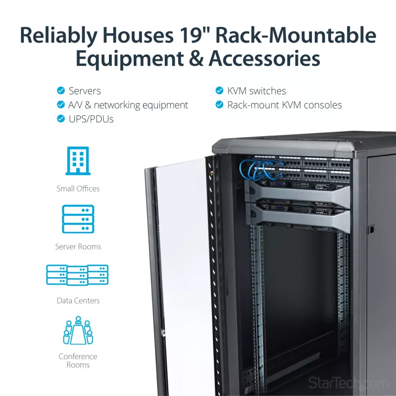 StarTech.com 4-Post 22U Server Rack Cabinet, užrakinama 19 colių duomenų spinta kompiuteriams / AV / IT įrangai, biuro / namų tinklo stovas su ratukais ir reguliuojamais montavimo bėgeliais