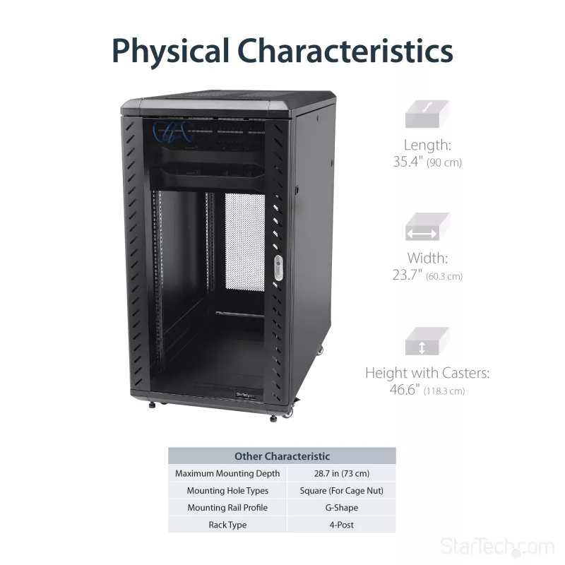 StarTech.com 4-Post 22U Server Rack Cabinet, užrakinama 19 colių duomenų spinta kompiuteriams / AV / IT įrangai, biuro / namų tinklo stovas su ratukais ir reguliuojamais montavimo bėgeliais