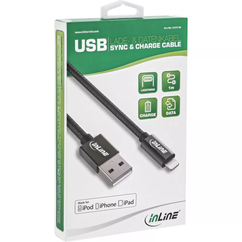 InLine Lightning USB kabelis, iPad, iPhone, iPod, juodas/alu, 1 m, MFi sertifikuotas