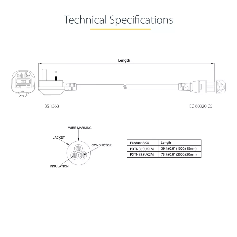StarTech.com PXTNB3SUK2M 2 m maitinimo laidas, BS 1363 – C5 (dobilinis lapas), 2,5 A, 250 V, 18 AWG