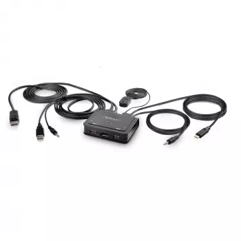 StarTech.com 2-Port Hybrid USB-C DisplayPort KVM jungiklis, 4K 60Hz, kompaktiškas KVM su integruotais 1,8m USB-A/DisplayPort/Audio ir 1,2m USB-C laidais, maitinamas iš USB, nuotolinis mygtukas/klaviatūros kombinacijos perjungimas