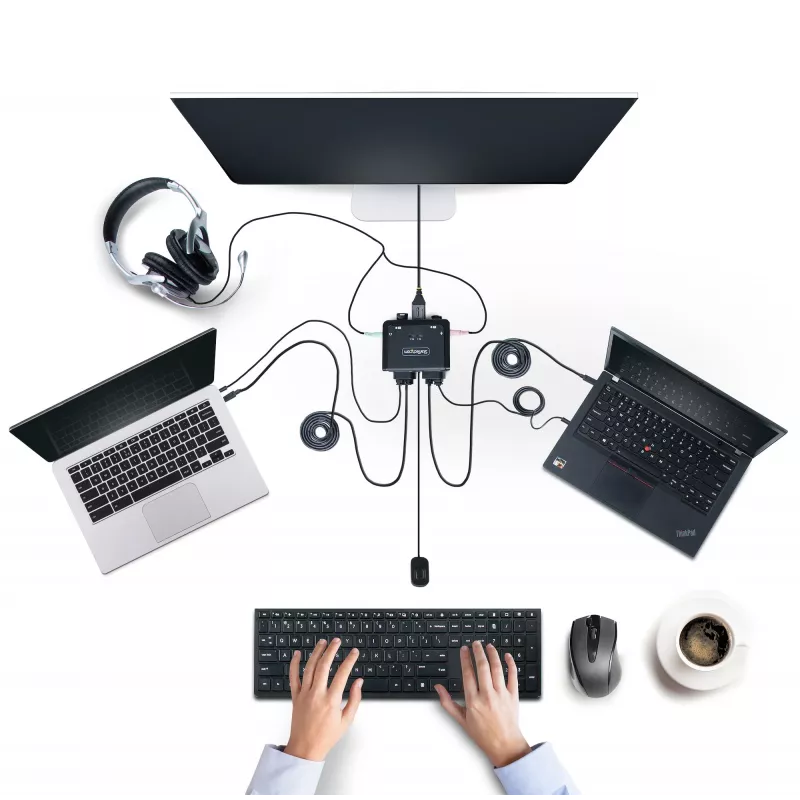 StarTech.com 2 prievadų USB-C laidas KVM jungiklis, 4K 60Hz DisplayPort išvestis, kompaktiškas KVM su integruotais 1,2 m USB-C / garso laidais, maitinamas iš USB, nuotolinis mygtukas / klavišų kombinacijos perjungimas