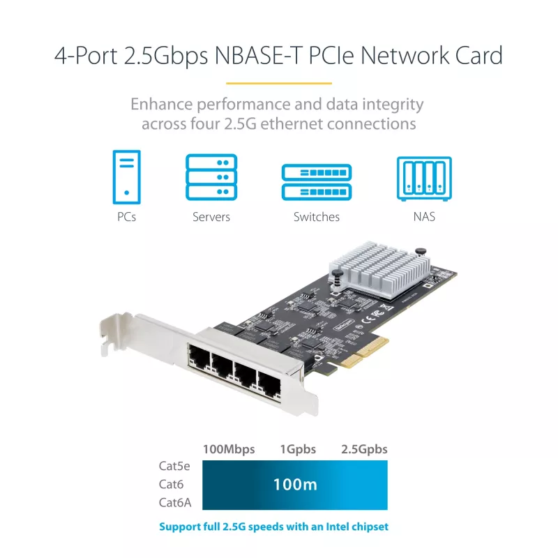 StarTech.com 4 prievadų 2,5 Gb/s NBASE-T PCIe tinklo plokštė, Intel I225-V, keturių prievadų kompiuterio tinklo plokštė, kelių gigabitų NIC, PCI Express serverio LAN plokštė, darbalaukio Ethernet sąsaja