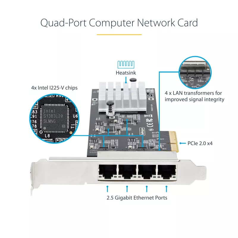 StarTech.com 4 prievadų 2,5 Gb/s NBASE-T PCIe tinklo plokštė, Intel I225-V, keturių prievadų kompiuterio tinklo plokštė, kelių gigabitų NIC, PCI Express serverio LAN plokštė, darbalaukio Ethernet sąsaja