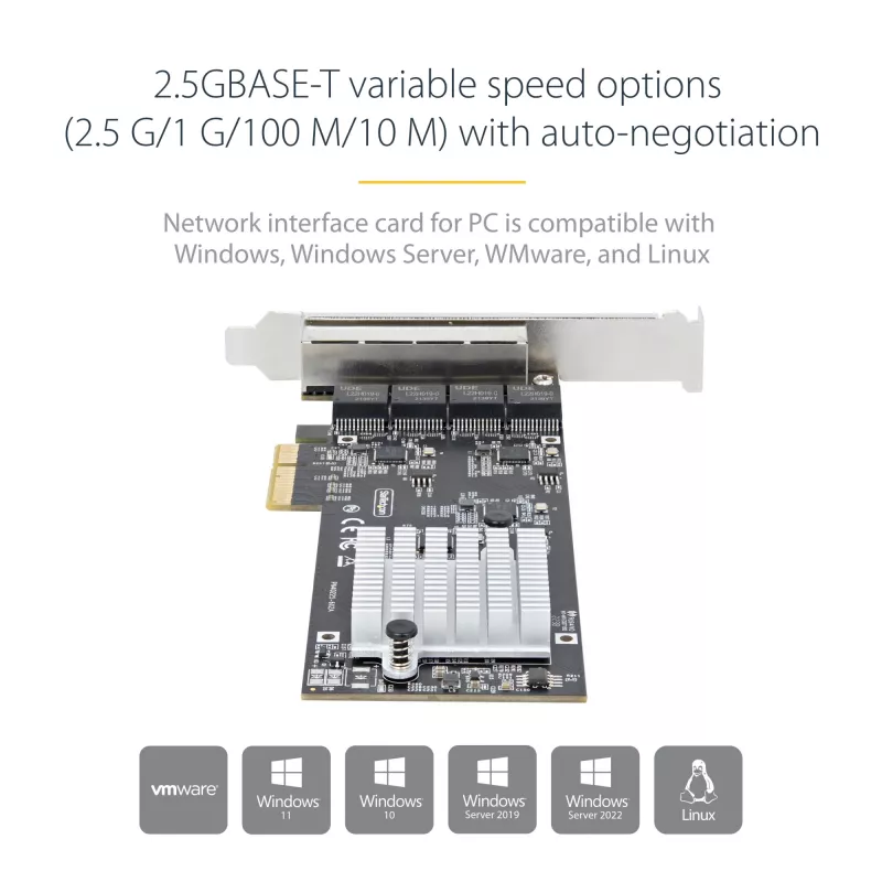 StarTech.com 4 prievadų 2,5 Gb/s NBASE-T PCIe tinklo plokštė, Intel I225-V, keturių prievadų kompiuterio tinklo plokštė, kelių gigabitų NIC, PCI Express serverio LAN plokštė, darbalaukio Ethernet sąsaja