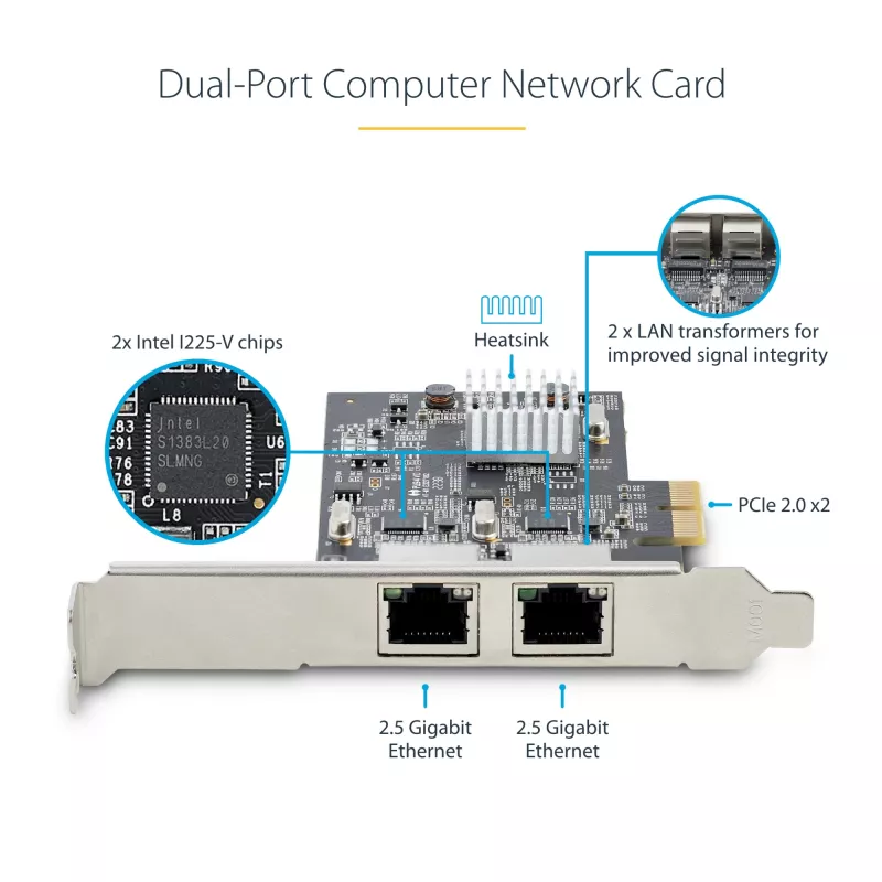 StarTech.com 2 prievadų 2,5 Gbps NBASE-T PCIe tinklo plokštė su Intel I225-V, dviejų prievadų kompiuterio tinklo plokštė, kelių gigabitų NIC, PCI Express serverio LAN plokštė, darbalaukio Ethernet sąsaja