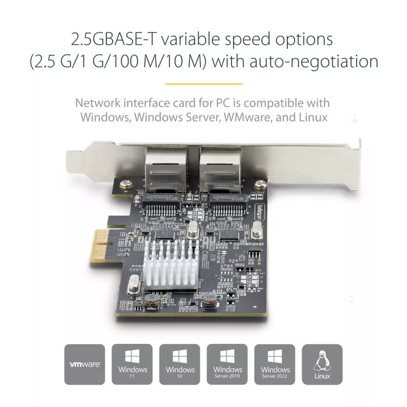 StarTech.com 2 prievadų 2,5 Gbps NBASE-T PCIe tinklo plokštė su Intel I225-V, dviejų prievadų kompiuterio tinklo plokštė, kelių gigabitų NIC, PCI Express serverio LAN plokštė, darbalaukio Ethernet sąsaja