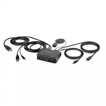 StarTech.com 2 prievadų hibridinis USB-C HDMI KVM jungiklis, 4K 60Hz, kompaktiškas KVM su integruotais 1,8 m USB-A/HDMI/garso ir 1,2 m USB-C laidais, maitinamas iš USB, nuotolinis mygtukas / klavišų kombinacijos perjungimas