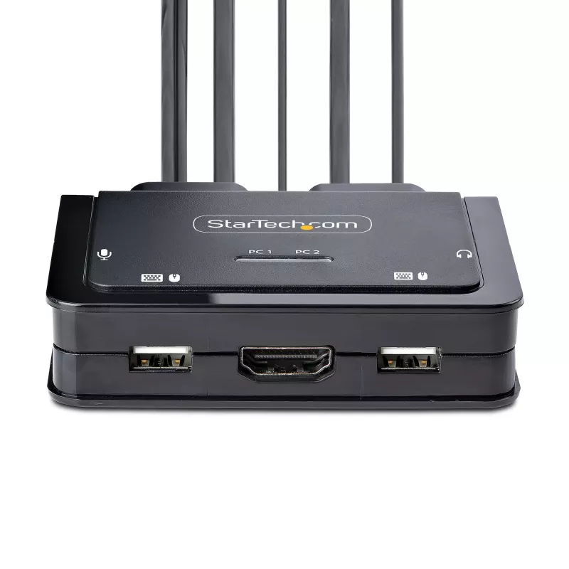 StarTech.com 2 prievadų hibridinis USB-C HDMI KVM jungiklis, 4K 60Hz, kompaktiškas KVM su integruotais 1,8 m USB-A/HDMI/garso ir 1,2 m USB-C laidais, maitinamas iš USB, nuotolinis mygtukas / klavišų kombinacijos perjungimas